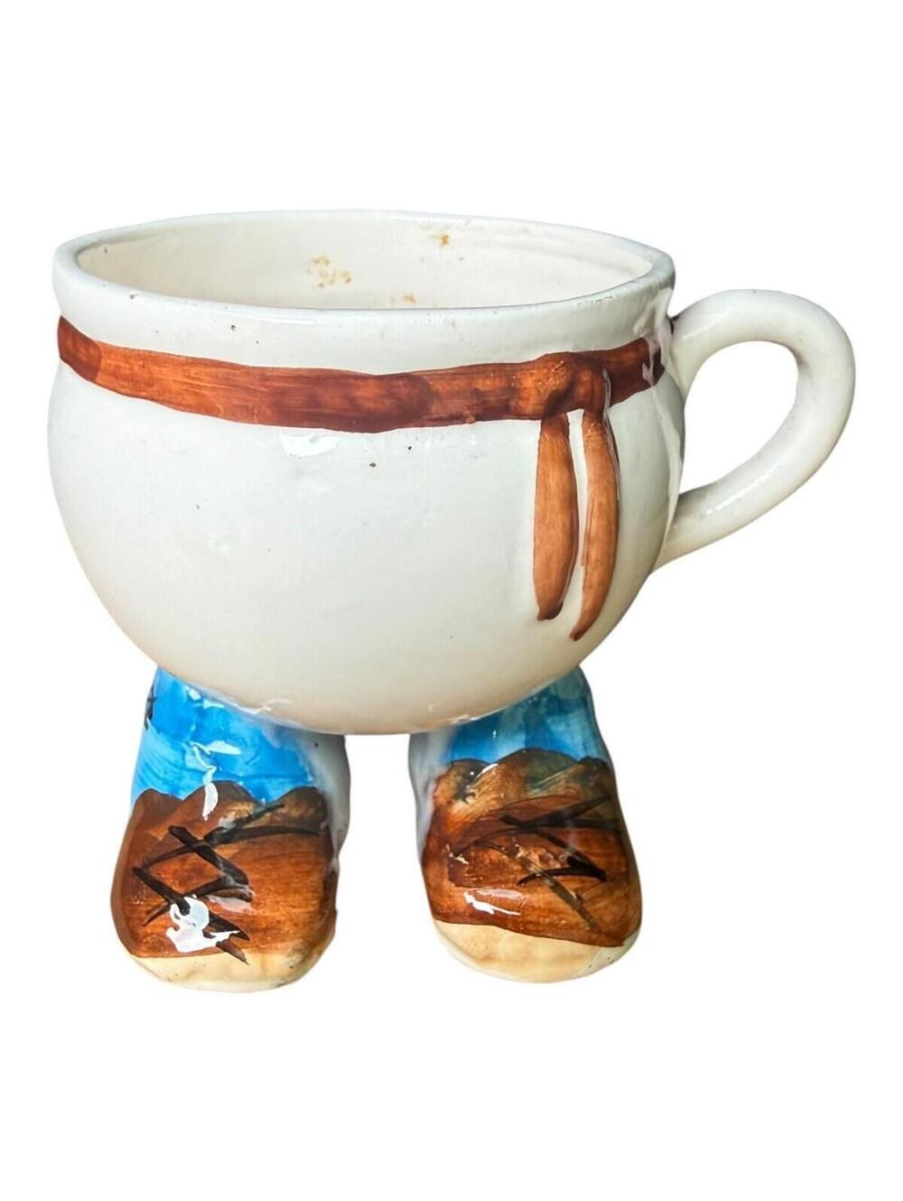Vintage Walking Feet Ceramic Coffee Mug Cup White with Handle Brown Foot & Trim